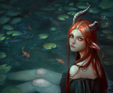 The pond - water, summer, girl, horns, creature, fantasy, usagi christy lam, redhead, pesti, fish, art, vara, luminos, pnd