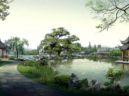 a chain garden - nature, pagodas, lake, china, building