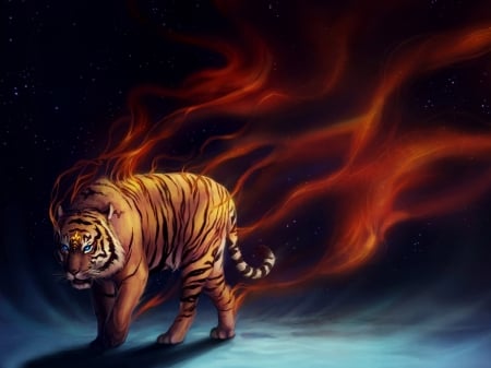 tiger moon - flames, abstract, art, tiger