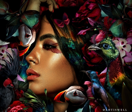 Lady Earth - frumusete, bird, puffin, girl, paun, fantasy, flower, green, shounak tewarie, red, face, peacock, luminos, pasari