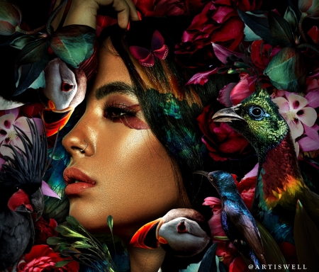 Lady Earth - paun, bird, girl, flower, frumusete, pasari, fantasy, puffin, peacock, shounak tewarie, red, green, face, luminos