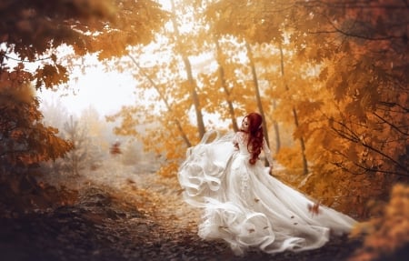 Bride - bride, dress, orange, white, ekaterina skorobogatova, toamna, gorl, autumn, woman, model, leaf