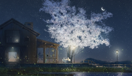 My world, my life - moon, anime, hefan jing, night, tree, frumusete, manga, fantasy, white, luminos, luna