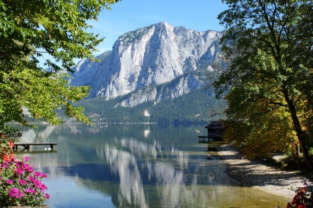 Altausseer lake, Austria - austria, beautiful, lake, mountain, pier, reflection, rocks, serenity, spring, tranwuil, view