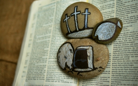 Bible and Easter - crosses, Bible, tomb, fish, rocks, Jesus