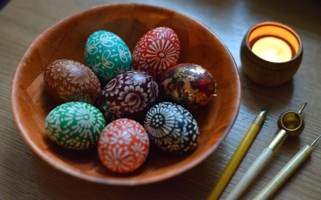 Easter Eggs - paintbrush, eggs, candle, colors, Easter