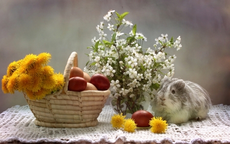 Easter Still Life - eggs, basket, dandelions, Easter, still life, Guinea pig