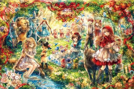 :) - blue, girl, wolf, red riding hood, anime, red, green, onineko, lup, manga
