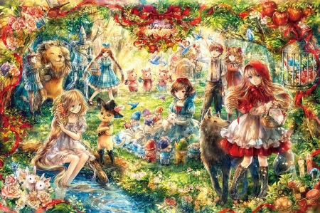 :) - anime, blue, wolf, girl, onineko, manga, lup, green, red, red riding hood