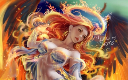 Angel - girl, angel, orange, yanai draws, frumusete, fantasy, redhead, fire, luminos