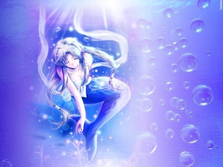 Mermaid - female, girl, water, anime girl, fantasy, bubble, mermaid, blue, anime, cute