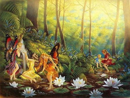 woods fairies 800x600 .jpg - friends woods, painting, blossoms, trees, artwork, fairies, flowers, dreamy