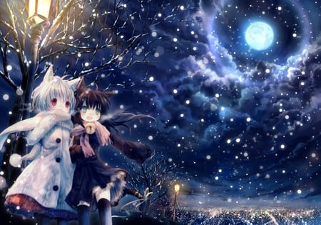 Onineko - clouds, moon, snow, nekomimi, lamp, city, two girls, night, onineko, sky