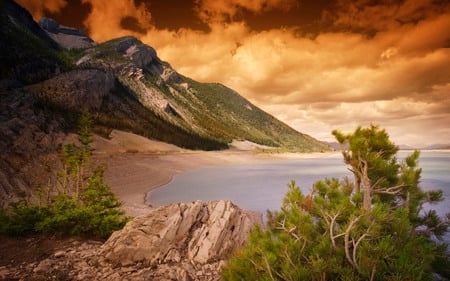 SUNSET BEACH - beach, sunset, mountain, rocky