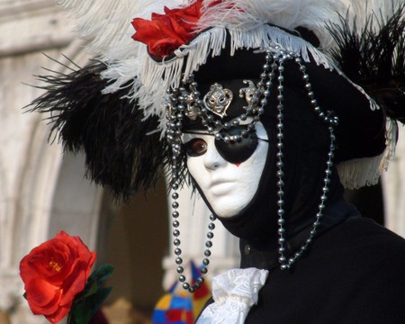 behind the mask - human, black, white, red, rose, face, flower