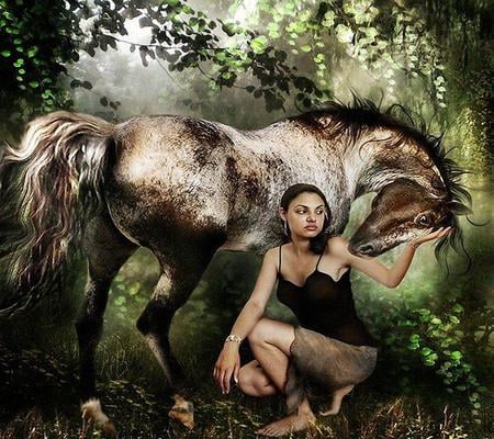 The Lady & the Horse - abstract, fantasy, lady, girl, 3d, forest, art, horse