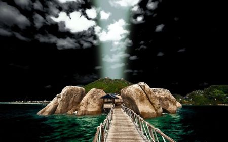 Unique Bridge - dark, clouds, island, water, sea, rocks