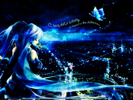 A-lullaby-is-heard.... - anime, anime girl, vocaloid, female, blue, girl, dark, black, butterfly, cute