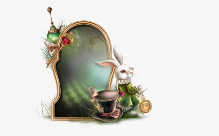 White Rabbit - mirror, white, white rabbit, bunny, fantasy, iepuras, green, luminos, easter