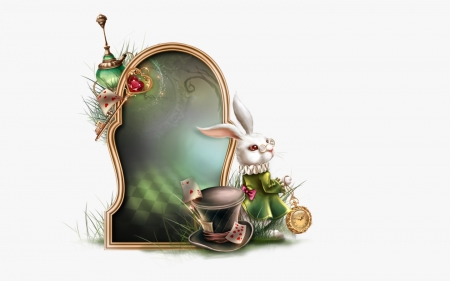 White Rabbit - white rabbit, iepuras, bunny, easter, fantasy, white, mirror, green, luminos