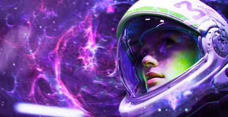 Astronaut - frumusete, girl, cosmonaut, astronaut, purple, pink, fantasy, helmet, face, luminos