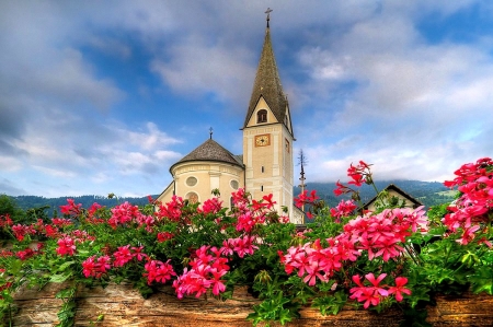 Austrian Church - flowers, clouds, blossoms, landscape, sky