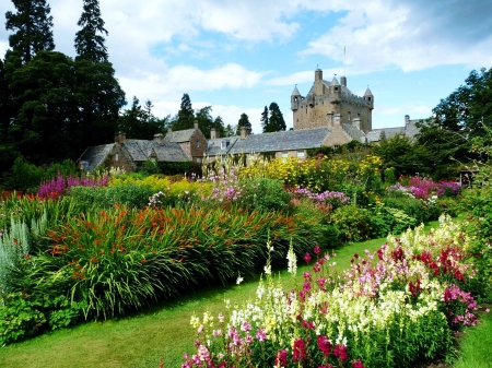 The Gardens of Cawdor Castle Scotland - path, blossoms, trees, clouds, building, sky, flowers