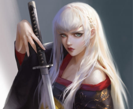 Samurai girl - girl, sword, blonde, kimono, samurai, fantasy, hand, katana, user b29eee4644206817, art, luminos