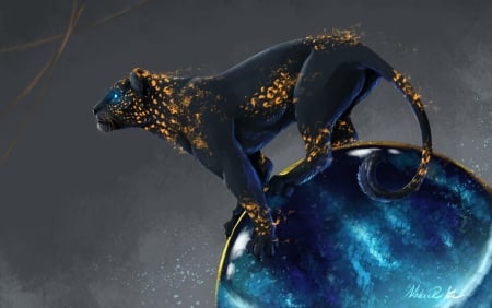 Sphere - creature, fantasy, blue, sphere, paulina janusz, panther, art, luminos