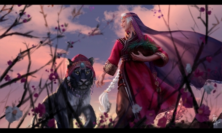 Sunset - su qin, girl, pink, jewel, superb, frumusete, animal, sunset, gorgeous, red, suqin, princess, panther, luminos