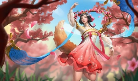 Fox girl - kitsune, blue, fox, dress, ahru, spring, pink, gorgeous, art, luminos, sakura, dancer, cherry blossom, girl, gumiho, flower, superb, frumusete, fantasy, wind, hei yuli