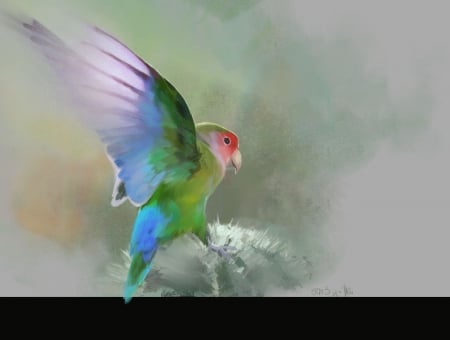 Parrot - papagal, wing, blue, parrot, pasari, fantasy, green, yuna in, art, luminos