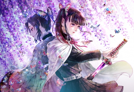 :) - micho, wisteria, girl, sword, flower, pink, samurai, fantasy, purple, katana, couple, luminos