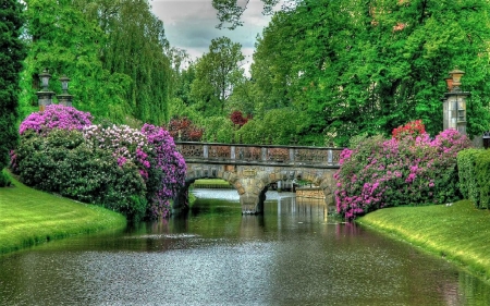 bridge - flowers, river, spring, bridge