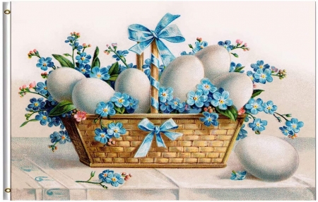 Happy Easter! - easter, basket, white, blue, vintage, forget me not, card, flower