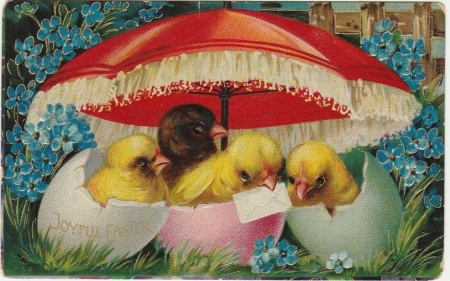 Happy Easter! - blue, umbrella, white, bird, parasol, pink, flower, green, yellow, red, card, chick, easter, pasari, vintage