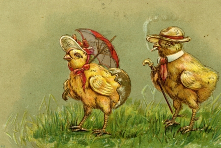 Happy Easter! - umbrella, bird, parasol, couple, card, chick, easter, pasari, vintage, hat