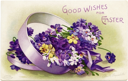 Happy Easter! - pansy, spring, purple, pink, flower, card, easter, violets, vintage