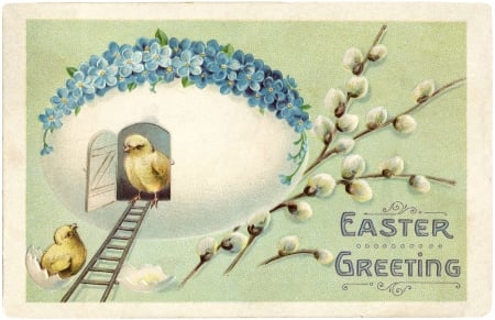 Happy Easter! - house, bird, blue, chick, flower, easter, pasari, white, vintage, green, forget me not, egg, card