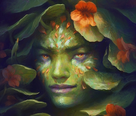 Nasturtium spirit - girl, flower, orange, harkale linai, fantasy, green, face, art, luminos