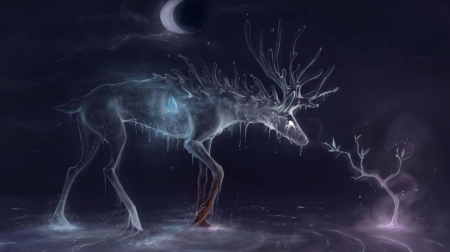 Spring night - night, abstract, butterfly, fantasy, deer, wallpaper, digital art