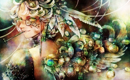 Feathers - anime, yoshizaki kei, girl, feather, angel, frumusete, manga, fantasy, green, luminos