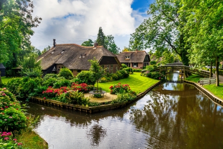 Giethorn - Holland, house, summer, spring, village, flowers, river, view, picturesque, pong, Netherland