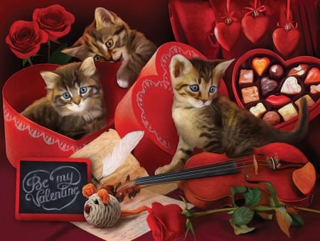 ♥ - mouse, iolin, kitten, red, box, art, violin, chocolate, flower, toy, cat, instrument, valentine, pisici, rose, gift, candy