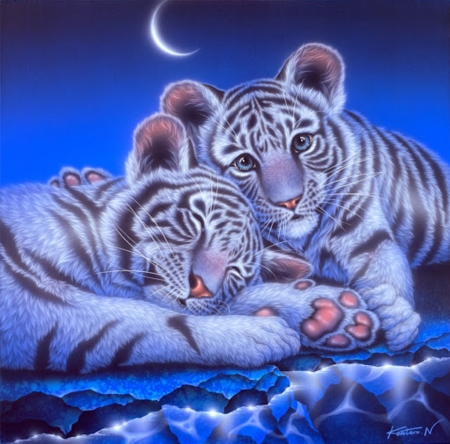Tiger cubs - blue, animal, white, cub, tiger, art, cute, pictrua, pink, painting, fantasy, couple, tigru, luminos, paw, kentaro nishino