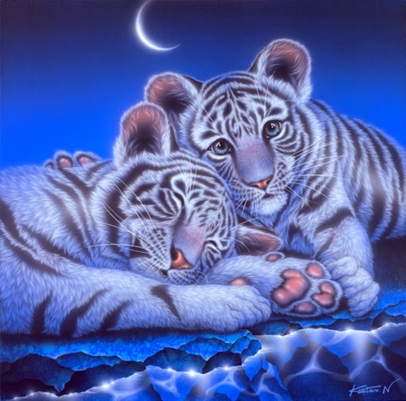 Tiger cubs - cub, blue, pictrua, kentaro nishino, pink, tiger, fantasy, white, animal, paw, painting, cute, tigru, couple, art, luminos