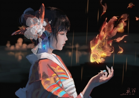 Fire fish - girl, asain, kimono, orange, frumusete, black, fantasy, enze fu, hand, fire, pesti, fish, art, luminos