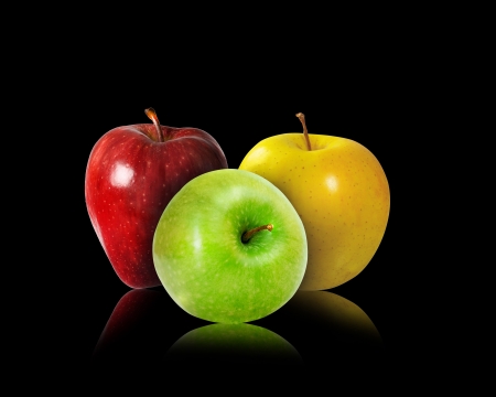 Apples - black, yellow, red, green, fruit, trio, apple, mar