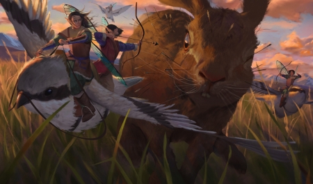 The norning hunt - art, bird, girl, bunny, brown, fantasy, luminos, hunt, pasari, rabbit, stephen stark