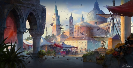 Piazza San Marco in the morning - art, dove, bird, italy, piazza san marco, fantasy, world, pigeon, luminos, pasari, natalie liu